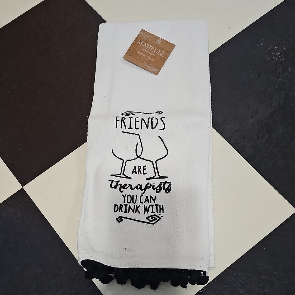 New White Kitchen Towel with Black Text and Tassels Wine Friends Gift Christmas